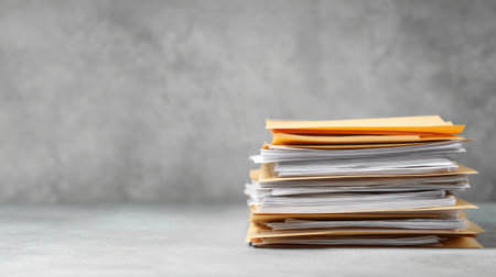 A stack of papers on a table. The papers are yellow and white. The stack is piled highの素材