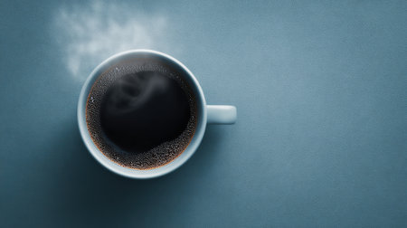 A cup of coffee is sitting on a table with steam rising from it. The steam and the coffee create a cozy and inviting atmosphereの素材