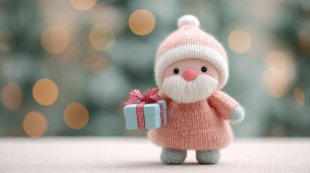 A small, knitted santa with a red bow on his hat holding a blue box. The scene is set in a Christmas treeの素材