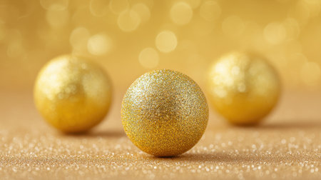 Three gold balls are sitting on a gold background. The balls are shiny and reflective, giving the impression of a luxurious and festive atmosphereの素材