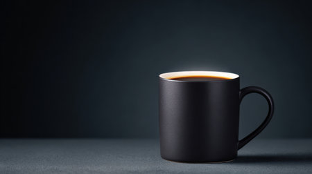 A black coffee mug sits on a table with a dark background. The steam rising from the cup creates a cozy and inviting atmosphereの素材