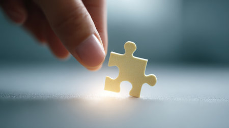 A hand is reaching for a puzzle piece on a table. The puzzle piece is yellow and has a light shining on it. Concept of curiosity and the desire to solve the puzzleの素材
