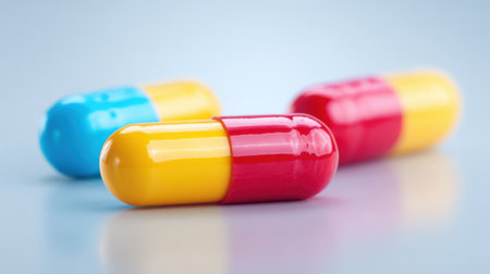 Three pills are sitting on a table. Two of them are yellow and red, and one is blueの素材
