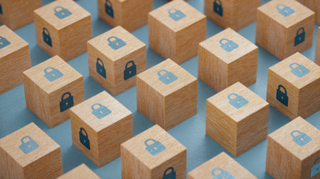 A row of wooden blocks with locks on them. The blocks are arranged in a pattern, with some blocks overlapping each other. Concept of security and protectionの素材