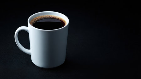A white coffee cup with a dark brown liquid in it. The cup is sitting on a black surfaceの素材
