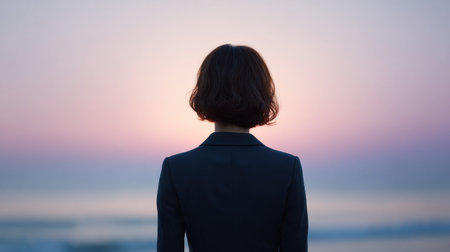 A woman is standing on a beach with a beautiful sunset in the background. She is wearing a black jacket and looking out at the ocean. Concept of calm and serenityの素材
