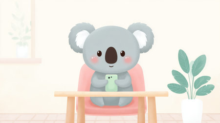 A cartoon koala is sitting on a pink chair and holding a cell phone. The image has a playful and lighthearted mood, as the koala is depicted as a modern and tech-savvy animalの素材