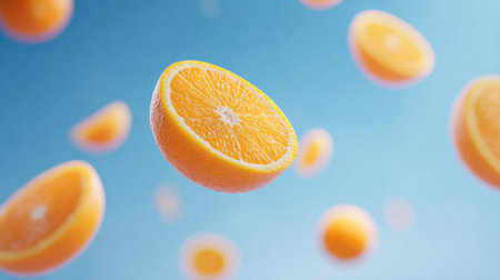 A close up of an orange with a slice missing. The orange is surrounded by other oranges, some of which are also sliced. Concept of motion and energy, as if the oranges are flying through the airの素材