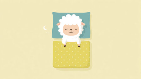 A cartoon sheep is sleeping on a bed with a pillow. The sheep is smiling and he is in a relaxed and peaceful state. Concept of comfort and warmthの素材