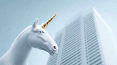 A unicorn with a golden horn stands in front of a tall building. Concept of whimsy and fantasy, as the unicorn is not a real animal but rather a creative representationの素材