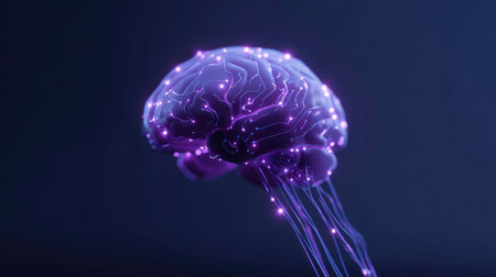 A brain with purple wires coming out of it. The brain is surrounded by purple lightsの素材