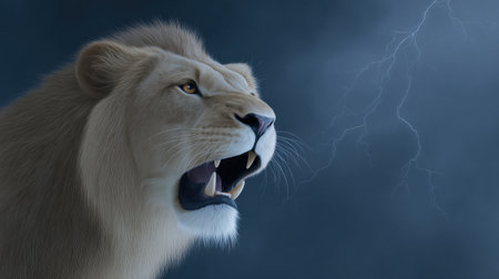 A lion is shown with its mouth open, looking at the camera. The image has a moody and dramatic feel, with the lion's fierce expression and the dark backgroundの素材