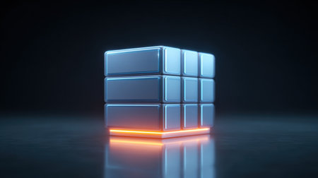 A cube made of metal with a yellow light on top. The cube is surrounded by a dark backgroundの素材