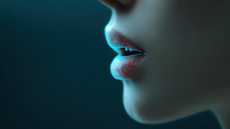 A woman's lips are painted with neon colors. The lips are painted with a blue and purple color schemeの素材