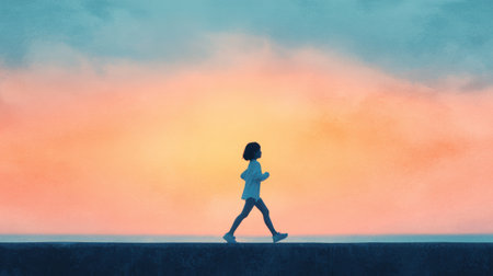 A girl is walking on a path near the ocean. The sky is orange and pink, creating a serene and peaceful atmosphereの素材