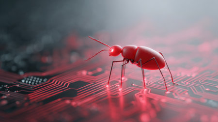 A red bug is on a black circuit board. Concept of danger and fear, as the bug is a predator that could potentially harm humans or other creaturesの素材