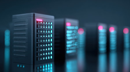 A row of servers with blue lights and red lights. The servers are lined up in a row and are lit upの素材