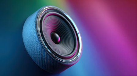 A blue speaker is on a colorful background. The speaker is the main focus of the image, and it is a small, colorful object. The background is a mix of different colors, which creates a vibrantの素材