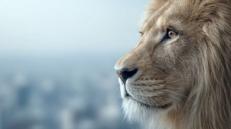A majestic lion with a white face stands tall and proud, looking out over a bustling city. The lion's eyes are bright and focused, as if it is surveying the urban landscape. The lion's mane is longの素材