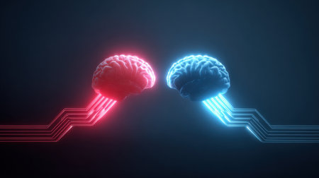 Two brains are shown in a blue and red color scheme. Concept of two minds coming together, possibly representing the merging of two different perspectives or the combination of two different ideasの素材