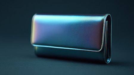 A shiny, metallic purse with a purple hue. The purse is sitting on a dark surface. The purse is the main focus of the imageの素材