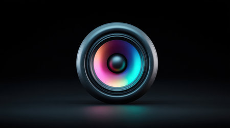 A colorful speaker is displayed on a black background. The speaker is surrounded by a rainbow of colors, making it look like a piece of art. Scene is vibrant and livelyの素材
