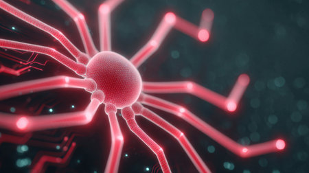 A red spider with a glowing body and legs. The spider is surrounded by a dark background. Concept of mystery and intrigue, as the glowing red spider stands out against the dark backgroundの素材