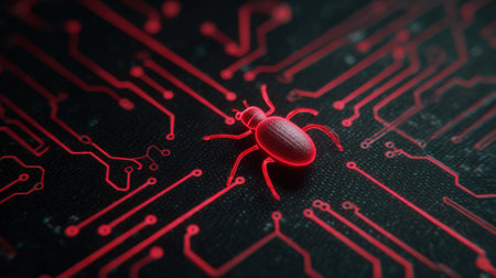 A red bug is on a black background with red wires. The bug is surrounded by wires and he is crawling on the wires. The image has a creepy and unsettling mood, as the bug is in a confined spaceの素材