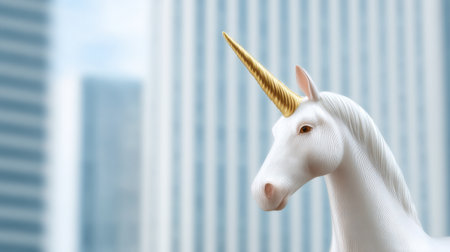 A unicorn with a golden horn is standing in front of a city skyline. Concept of whimsy and fantasy, as the unicorn is a symbol of magic and wonderの素材