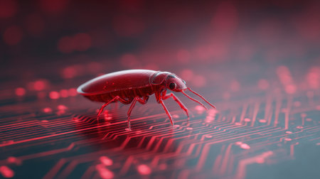 A red bug is on a black background. The bug is small and has a black headの素材