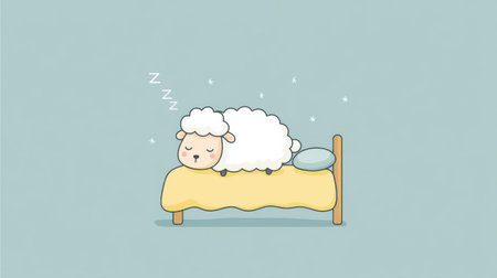 A cartoon sheep is sleeping on a bed. The bed is yellow and the sheep is whiteの素材