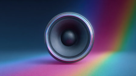 A black speaker is sitting on a colorful background. The speaker is surrounded by a rainbow, which gives the image a vibrant and lively atmosphere. The combination of the speakerの素材