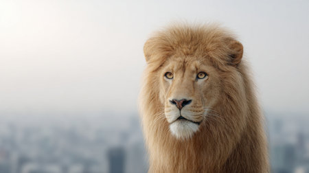 A lion with a long mane stands in front of a city skyline. The lion's gaze is fixed on the camera, and it is looking at the viewer. Concept of majesty and powerの素材