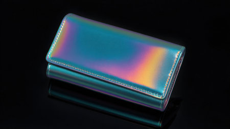 A blue wallet with a rainbow design on it. The wallet is shiny and reflectiveの素材