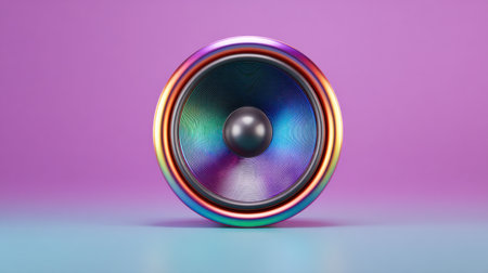 A colorful speaker with rainbow colors. The speaker is on a purple background. The speaker is a symbol of music and soundの素材