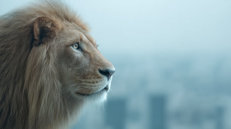 A lion with a white face stands in front of a city skyline, looking out to the right. The lion's mane is long and fluffy, and its eyes are bright and curious. The scene is peaceful and sereneの素材