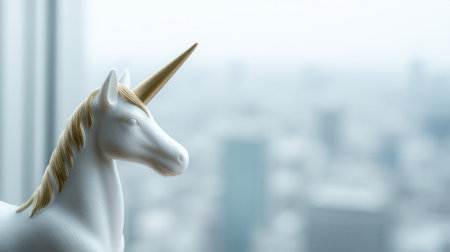 A unicorn statue is sitting on a window sill in front of a city skyline. The statue is white and has a golden horn. The cityscape in the background is a mix of buildings and a bridgeの素材