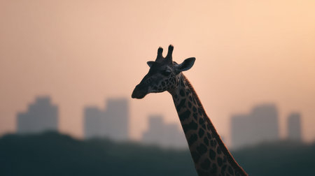 A giraffe is standing in front of a city skyline. The giraffe is the main focus of the image, and the cityscape in the background creates a sense of contrast between the natural and urban environmentsの素材