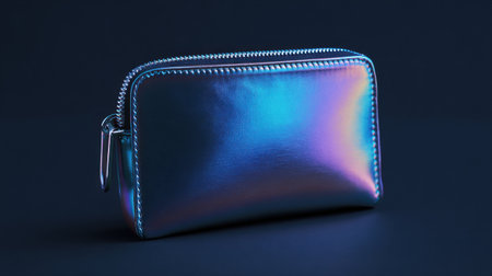 A purse with a zipper is shown on a black background. The purse is metallic and has a shiny, reflective surface. The purse is open and the zipper is visibleの素材