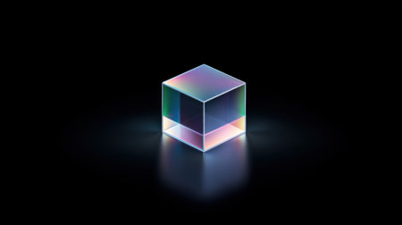 A cube made of glass is lit up with a rainbow of colors. The cube is sitting on a black backgroundの素材