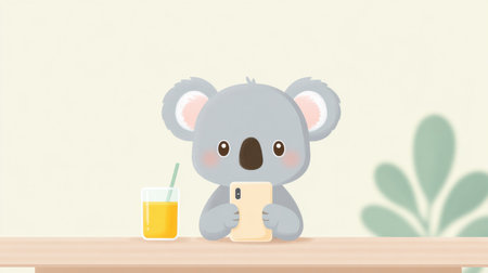 A cartoon koala is sitting at a table with a glass of orange juice and a cell phoneの素材