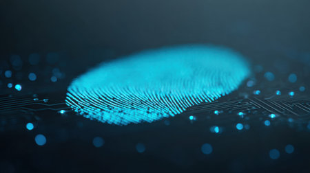 A blue fingerprint is shown on a black background. Concept of security and protection, as fingerprints are unique to each individual and can be used to identify themの素材