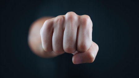 A fist is raised in the air, with the thumb and index finger extended. Concept of strength and power, as if the person is ready to strikeの素材
