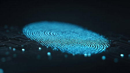 A blue fingerprint is shown on a black background. Concept of security and trust, as fingerprints are unique to each individual and are often used as a form of identificationの素材