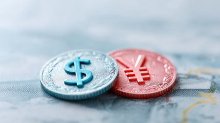 Two coins with the word dollar on them. One is blue and the other is redの素材