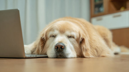 A dog is sleeping on a laptop. The laptop is open and the dog is laying on the keyboardの素材