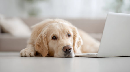 A dog is laying on the floor next to a laptop. The dog appears to be looking at the laptop, possibly curious about what is on it. Concept of relaxation and leisureの素材