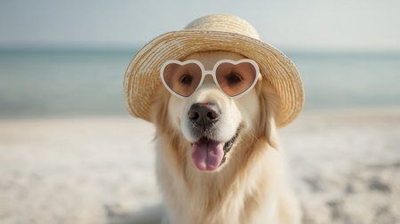 A dog wearing sunglasses and a hat is sitting on the beach. The dog has a big smile on its face and he is enjoying the sunny dayの素材