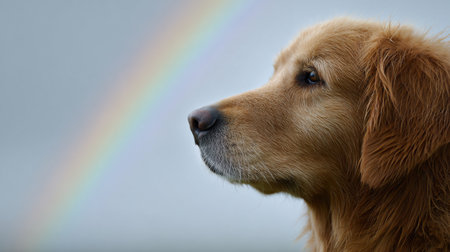 A dog is looking at a rainbow. The dog is brown and has a white nose. The rainbow is in the background and is very colorfulの素材