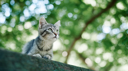 A cat is looking at the camera from a tree branch. The cat is looking at the camera with a curious expressionの素材